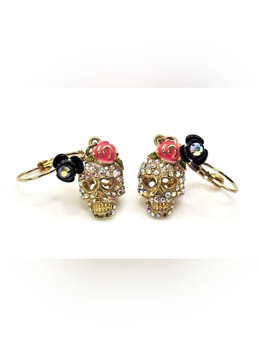 Betsey Johnson Pink Rose Crystal Skull Drop Earrings